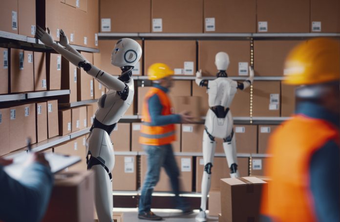 People and robots working together in the warehouse People and physical AI robots working together in a distribution warehouse, automation and industry concept