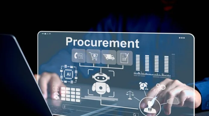 Entrepreneurs using digital procurement systems combined with AI technology to manage their supply chains, reducing redundant work with AI and data analytics for business efficiency.