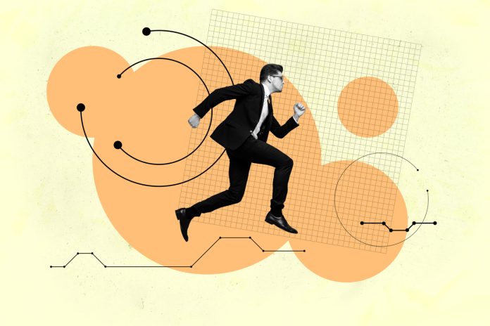 Composite full image art collage of happy businessman businesswoman stand arrow progress statistics achievement goal success resilient businessman