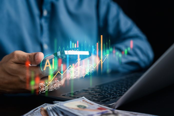 Artificial intelligence stock market cycle investment and finance growth. Man using smartphone and laptop with cash money analyzing upward candlestick chart trend for wealth business strategy. citation economy