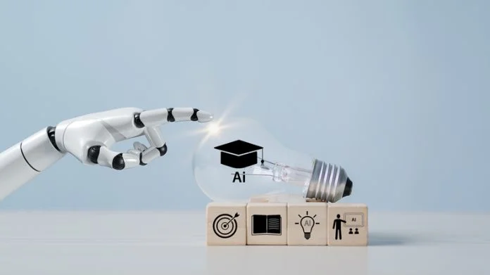 A hand with a light bulb, artificial intelligence (AI) learning, educational tools, video-based instruction, digital courses, internet lessons, e-learning concepts. A hand with a light bulb, artificial intelligence (AI) learning, educational tools, video-based instruction, digital courses, internet lessons, e-learning concepts.