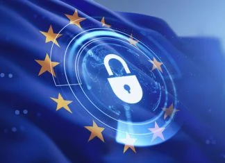 Padlock icon on EU flag with glowing digital elements in soft blur style on blue background, symbolizing secure data protection, Pentest concept