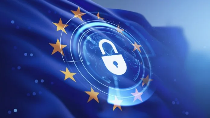 Digital padlock symbol over waving EU flag with glowing stars representing data protection and cybersecurity in modern technology environment. 3D Rendering Padlock icon on EU flag with glowing digital elements in soft blur style on blue background, symbolizing secure data protection, Pentest concept