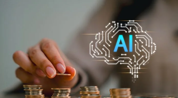 Artificial intelligence AI brain graphic with piggy bank and coins for smart financial technology