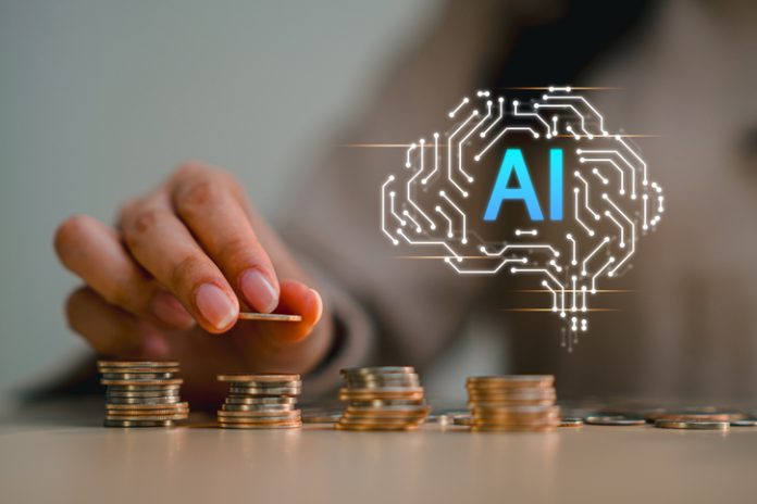 Artificial intelligence AI brain graphic with piggy bank and coins for smart financial technology Artificial intelligence AI brain graphic with piggy bank and coins for smart financial technology