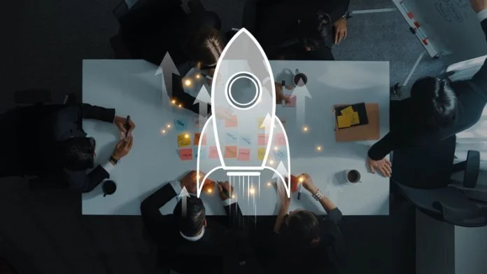 Team Collaboration in a Modern Office with Creative Strategy Planning and Business Innovation Concept Illustrating Growth and Success. Raster major project launch