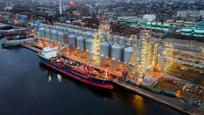 Elevator grain-carrier of Ukraine. Grain, hunger strike, sea ship. War in Ukraine Supply chains in modern warfare