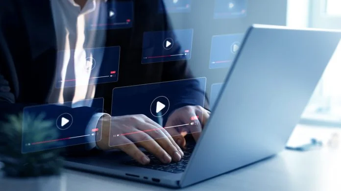 Businessman watching online live conference.Live digital multimedia player.Digital online live stream window. Video streaming on internet media Video content marketing