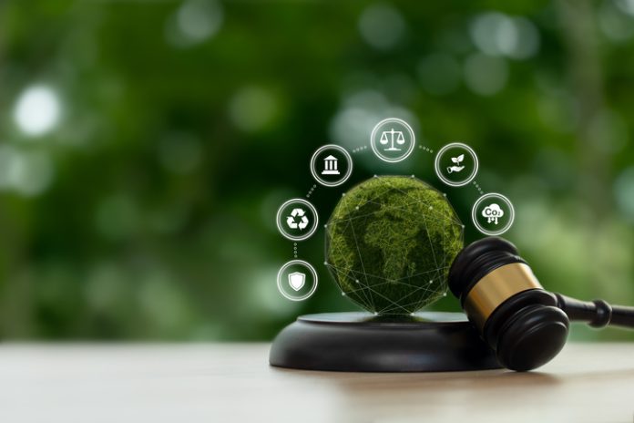 Gavel and Green globe with Environment icons on green background. Environment Law. Carbon credit law. environmental protection and eco-friendly legislation law. sustainable environmental conservation Europe’s New Green Claims