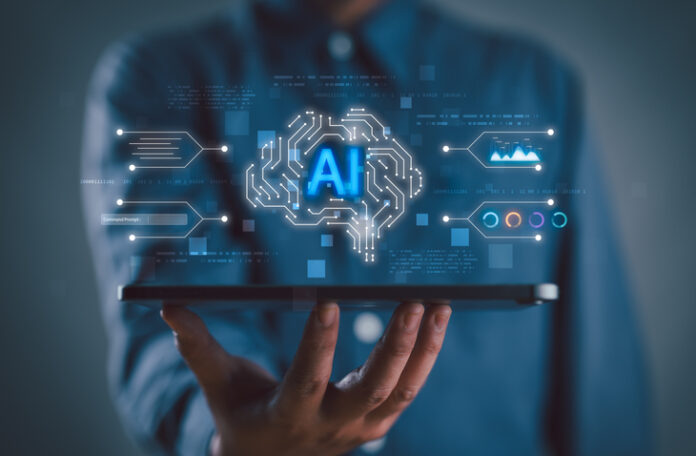 AI technology or Artificial Intelligence. Man using technology smart cloud AI by enter command prompt for generates result, Futuristic technology transformation. Chat with AI. New disruptive trends. AI Platforms